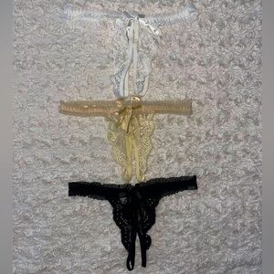 NWOT Bundle of Crotchless Thongs W/Bows Ruched Lace Wedding Honeymoon Sz L